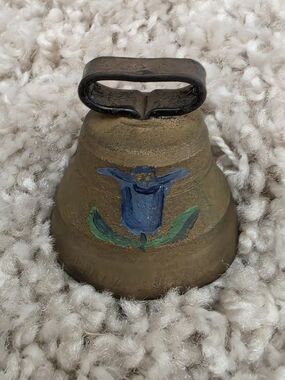 Source Unknown Brass Cow Bell with Hand-Painted Blue Flower